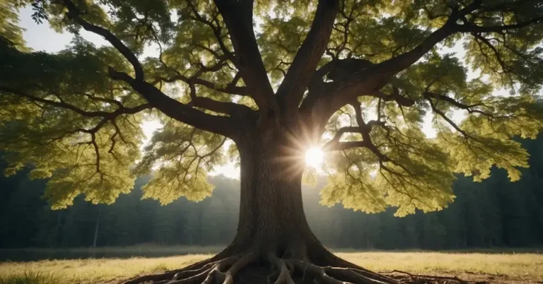 Spiritual Meaning of Trees in the Bible: Symbolism 2024 1 Spiritual Meaning of Trees in the Bible: A vibrant tree stands tall, its branches reaching towards the sky. Its roots dig deep into the earth, symbolizing strength and connection to God in the Bible