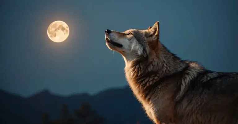 Wolf Moon Spiritual Meaning: Embrace the Mystical Energy 2024 5 Wolf Moon Spiritual Meaning: The wolf howls under the bright full moon, surrounded by a mystical aura, symbolizing strength, intuition, and the connection to the spiritual world