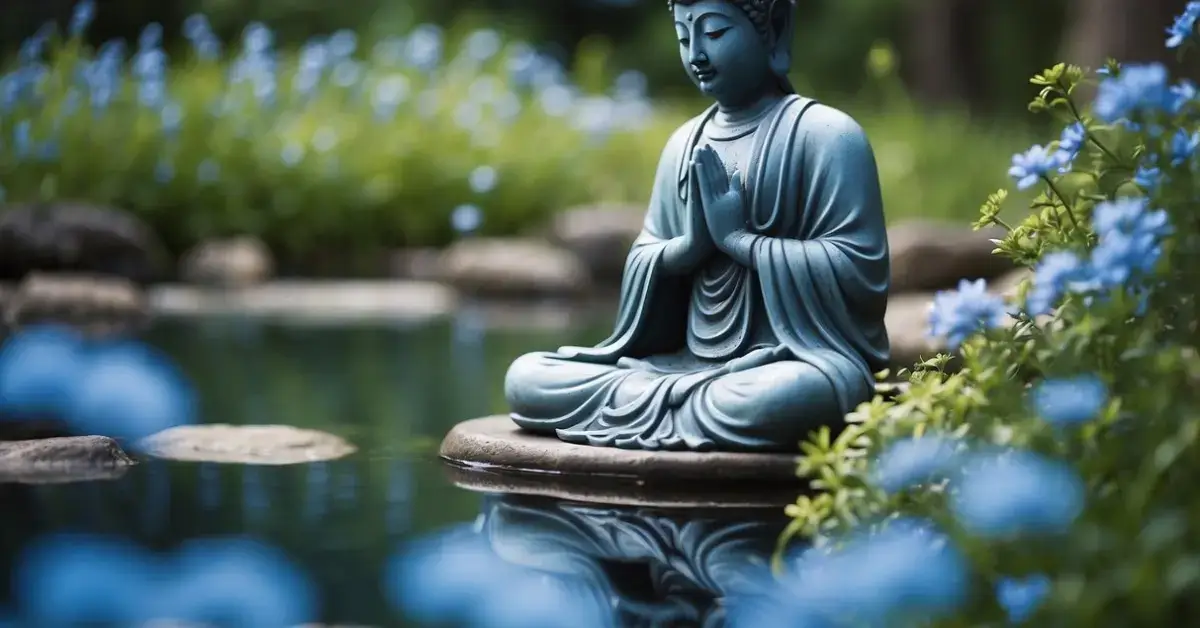 Blue Aura: Understanding Its Mystical Significance 2024 1 Blue Aura: A serene figure meditates in a tranquil garden surrounded by vibrant blue flowers and gentle flowing water, emanating a soothing and healing energy