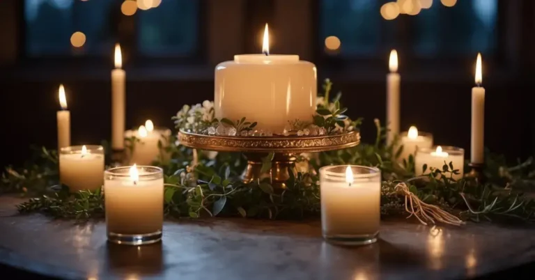 Full Moon Ritual: Simple Steps For Inner Peace 2024 3 Full Moon Ritual: A circle of candles surrounds a central altar with crystals and herbs. The full moon shines brightly overhead, casting a mystical glow on the sacred space