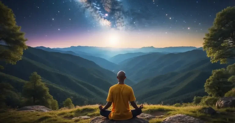 Higher Self Meaning: Discover Your Spiritual Essence 2024 1 Higher Self Meaning: A figure meditates in a serene natural setting, surrounded by vibrant energy and connected to the universe