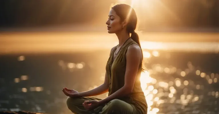 Higher Self Meditation: Connect with Your Inner Wisdom 2024 7 Higher Self Meditation: A figure sits in lotus position, surrounded by a radiant golden light. Their eyes are closed, and a serene expression graces their face as they connect with their higher self through meditation