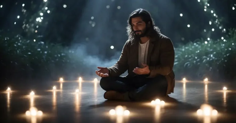 How To Connect With Your Spirit Guides: Simple Tips 2024 6 How To Connect With Your Spirit Guides: A figure meditates in a serene natural setting, surrounded by vibrant plants and animals. A glowing light emanates from the figure, symbolizing a strong connection with spirit guides