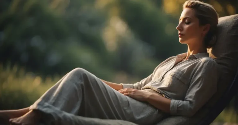 How To Meditate Lying Down: Relax And Find Inner Peace 2024 9 How To Meditate Lying Down: A serene figure reclines on a soft surface, eyes closed in peaceful contemplation. Surrounding the figure, a tranquil atmosphere of stillness and calmness permeates the scene