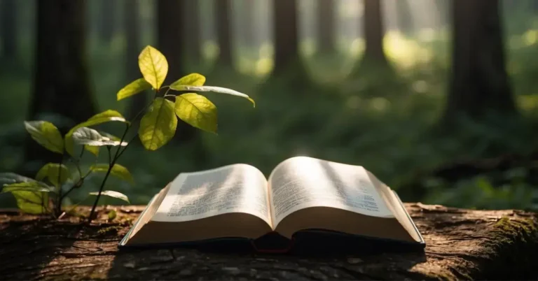 How To Meditate On God's Word: Guide For Spiritual Growth 2024 2 How To Meditate On God's Word: A serene forest clearing with a beam of light shining through the trees onto an open Bible, surrounded by peaceful wildlife and a sense of tranquility