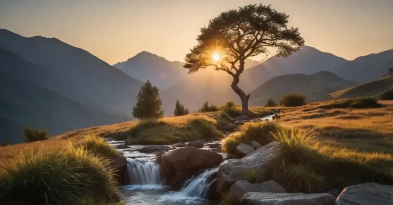 How To Practice Spirituality: Tips For Everyday Life 2024 6 How to Practice Spirituality: A serene mountain peak at sunrise, with a solitary tree and a flowing stream, surrounded by peaceful nature