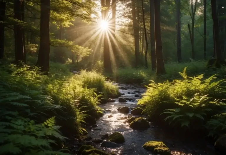 How to Be More Spiritual: Simple Daily Practices 2024 3 How to Be More Spiritual: A serene forest with sunlight filtering through the trees, casting a warm glow on the ground. A gentle stream flows peacefully, surrounded by vibrant flora and fauna, creating a sense of tranquility and connection to nature