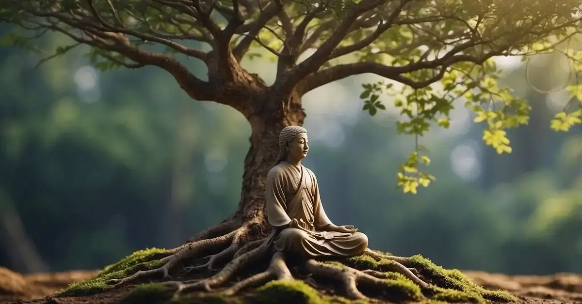 How To Ground Yourself Spiritually: Tips For Inner Peace 2024 1 How To Ground Yourself Spiritually: A serene garden with roots growing deep into the earth, connecting to the energy of the land and sky. A figure meditates, surrounded by a sense of calm and inner peace
