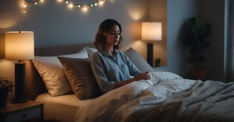 How To Meditate In Bed: Relax And Unwind Before Sleep 2024 3 How To Meditate In Bed: A serene bedroom with soft, dim lighting. A figure sits cross-legged on the bed, eyes closed in peaceful contemplation