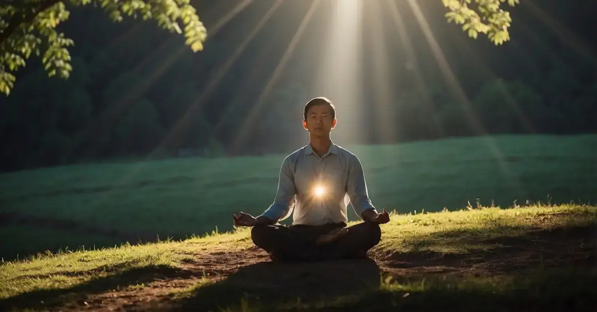 Signs Your Higher Self Is Talking To You: Messages 2024 1 Signs Your Higher Self Is Talking To You: A beam of light descends from the sky, illuminating a figure meditating in a tranquil setting. A sense of peace and clarity radiates from the scene
