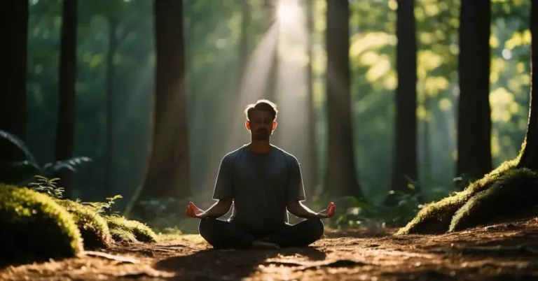 What Is Shadow Work: Healing Your Hidden Self 2024 2 What Is Shadow Work: A serene forest with sunlight breaking through dense trees, casting dappled shadows on the ground. A figure sits in meditation, surrounded by symbols of growth and transformation