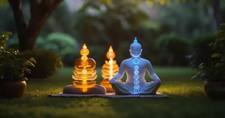 How To Align Your Chakras: Steps For Balance and Harmony 2024 7 How To Align Your Chakras: A serene garden with seven glowing orbs aligned along the spine, representing the seven chakras. A figure sits in meditation, surrounded by vibrant energy