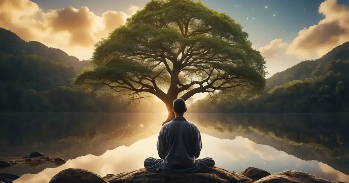 How To Connect With Your Ancestors Spiritually: Steps 2024 1 How to Connect with Your Ancestors Spiritually: A person meditates in nature, surrounded by symbols of their ancestors - a tree with roots reaching deep into the earth, a flowing river, and a clear sky filled with stars