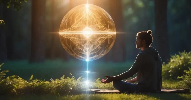 How To Develop Psychic Abilities: Boost Your Intuition 2024 10 How To Develop Psychic Abilities: A glowing orb hovers above a figure meditating in a serene, natural setting, surrounded by swirling energy and auras