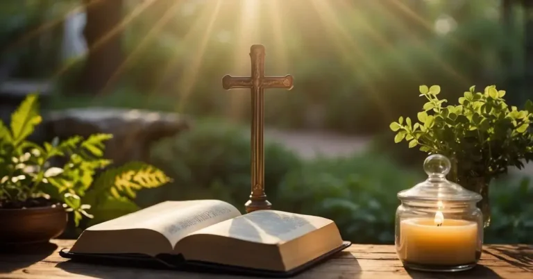 How To Meditate As A Christian: Finding Peace In Prayer 2024 10 How To Meditate As A Christian: A serene garden with a cross, bible, and candle. Rays of sunlight filter through the trees, creating a peaceful atmosphere for meditation