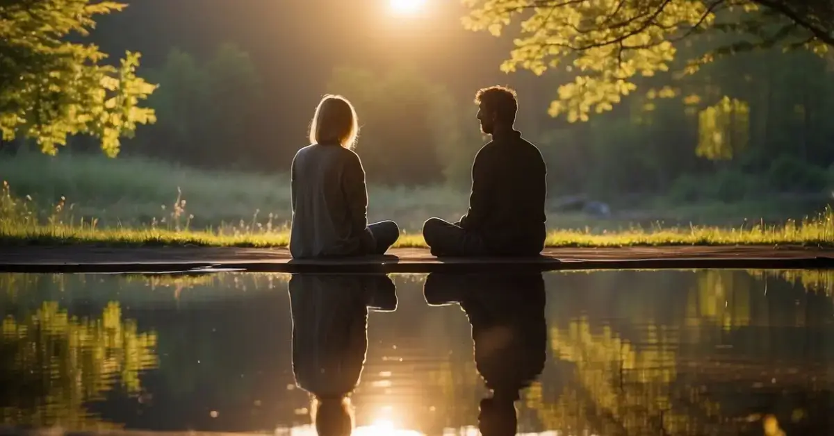 How To Start A Spiritual Journey: Tips For Beginners 2024 1 How To Start A Spiritual Journey: A figure sits in quiet reflection, surrounded by nature. The sun rises, casting warm light on the scene, symbolizing the beginning of a spiritual journey