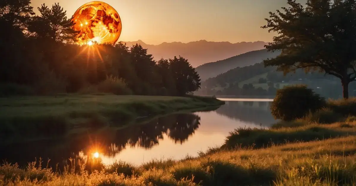 Orange Moon Spiritual Meaning: Discover Significance 2024 1 Orange Moon Spiritual Meaning: An orange moon rises over a tranquil landscape, casting a warm glow on the earth below. The serene scene evokes a sense of spiritual connection and peace