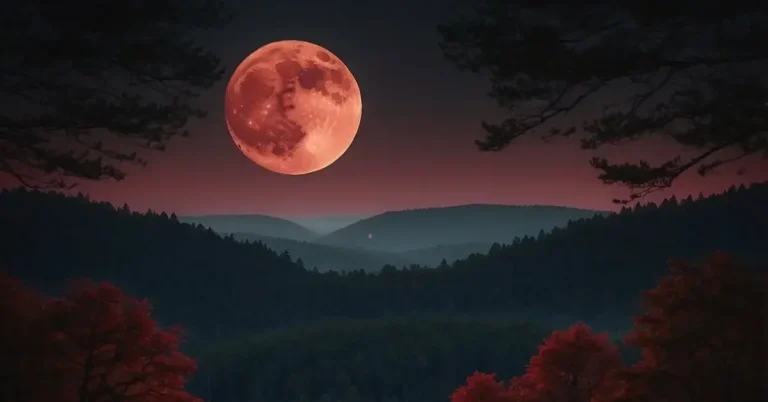 Red Moon Spiritual Meaning: Its Mystical Significance 2024 1 Red Moon Spiritual Meaning: A red moon hovers over a tranquil forest, casting an eerie glow on the landscape. The trees are silhouetted against the crimson sky, creating a mystical and otherworldly atmosphere