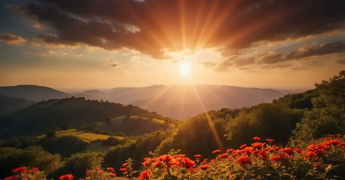 Red Sun Spiritual Meaning: Its Powerful Symbolism 2024 1 Red Sun Spiritual Meaning: A red sun radiates energy, symbolizing passion and vitality. It hovers above a tranquil landscape, casting a warm glow on the earth