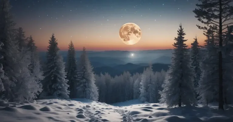 Snow Moon Spiritual Meaning: Its Mystical Significance 2024 9 Snow Moon Spiritual Meaning: A serene winter landscape with a full moon shining over a blanket of snow, evoking a sense of peace and spiritual connection