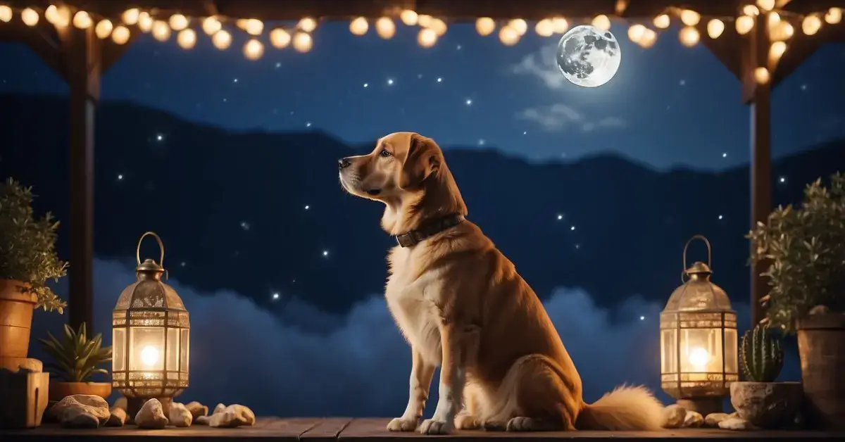Spiritual Meaning Of Dogs In Dreams: Symbolism 2024 1 Spiritual Meaning of Dogs in Dreams: A dog sits peacefully under a glowing moon, surrounded by symbols of spirituality and enlightenment