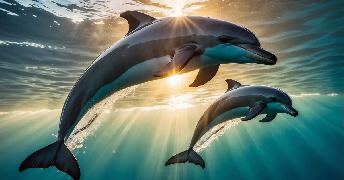 Spiritual Meaning of Dolphins: Unlocking Mystical Wisdom 2024 1 Spiritual Meaning of Dolphins: Dolphins swimming in a circle, surrounded by a glowing aura, symbolizing harmony and spiritual connection