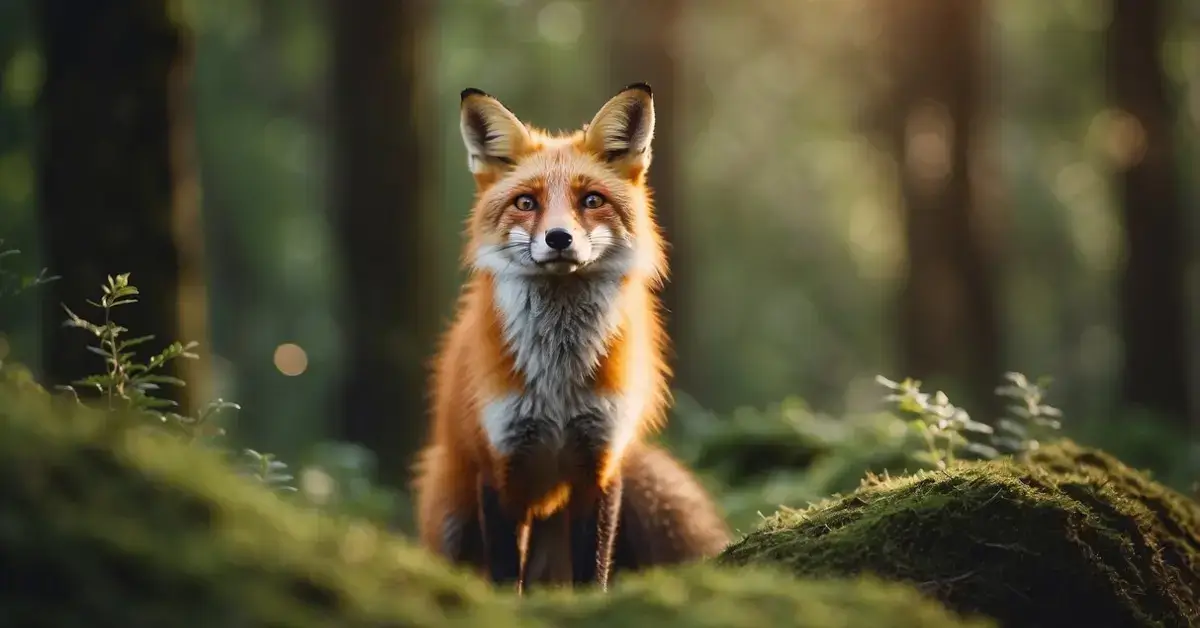 Spiritual Meaning of Fox: Uncovering Its Significance 2024 1 Spiritual Meaning of Fox: A fox standing in a peaceful forest, surrounded by vibrant greenery and soft sunlight, with a sense of wisdom and mystery emanating from its eyes