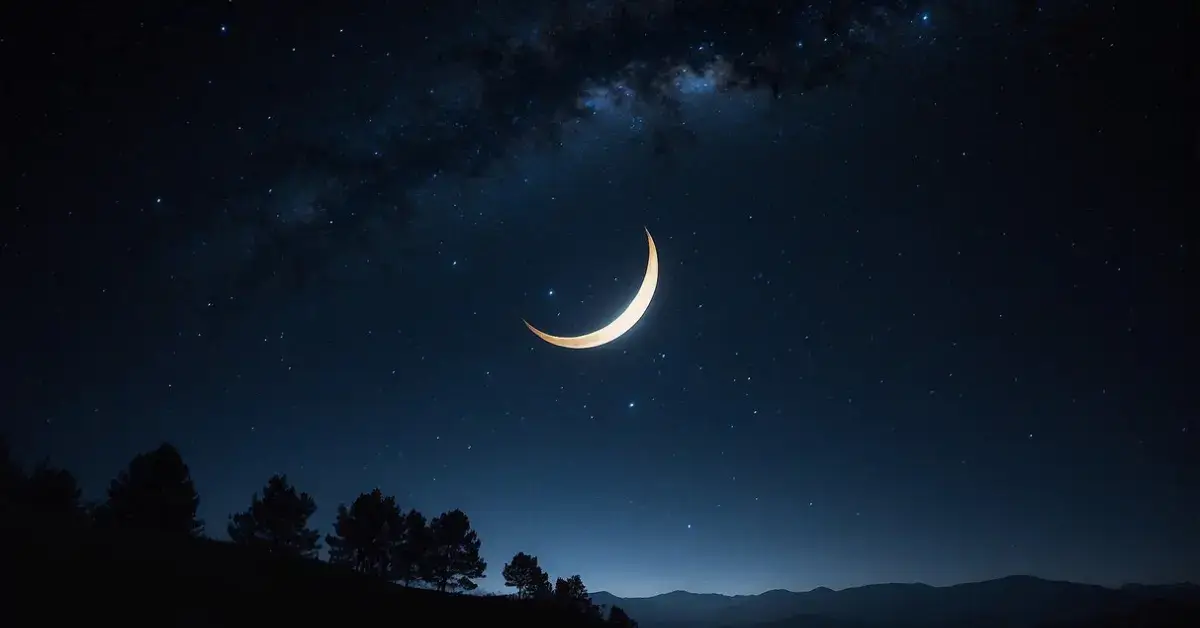 Super New Moon Spiritual Meaning: Fresh Beginnings 2024 1 Super New Moon Spiritual Meaning: A dark night sky with a glowing crescent moon, surrounded by twinkling stars and a sense of mystery and spiritual energy