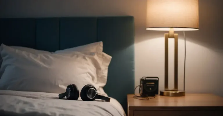 Binaural Beats Sleep: Unlock Better Rest Tonight 2024 4 Binaural Beats Sleep: A serene bedroom with headphones on a nightstand, soft lighting, and a peaceful atmosphere