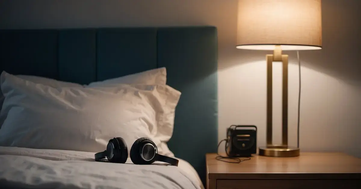 Binaural Beats Sleep: Unlock Better Rest Tonight 2024 1 Binaural Beats Sleep: A serene bedroom with headphones on a nightstand, soft lighting, and a peaceful atmosphere