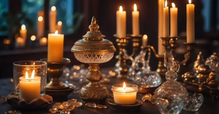 How To Create A Spiritual Altar: A Step-by-Step Guide 2024 9 How To Create A Spiritual Altar: A table with candles, crystals, incense, and sacred objects arranged in a serene space with soft lighting and natural elements