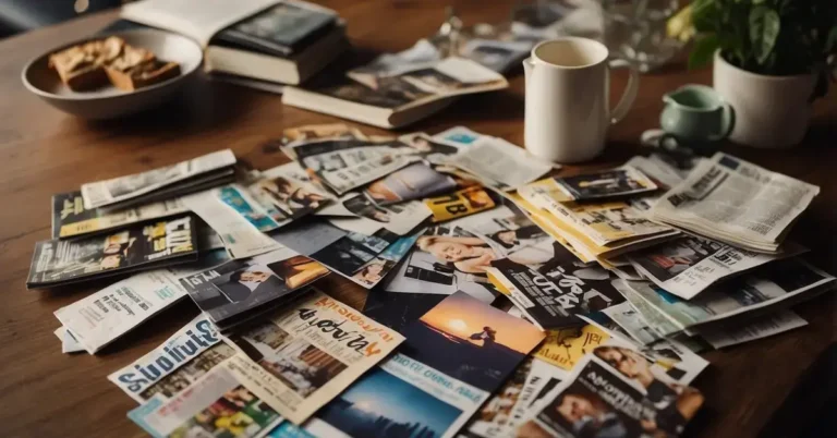 How To Create A Vision Board: Manifest Your Dreams 2024 7 How To Create A Vision Board: A table with magazines, scissors, glue, and a blank board. Cut-out images of goals, dreams, and inspirational quotes scattered around