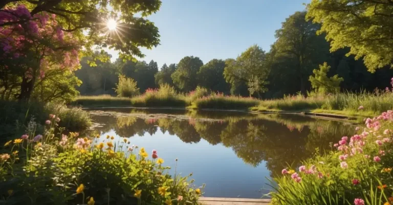 How To Find Inner Peace: Easy Steps To A Calmer Mind 2024 1 How To Find Inner Peace: A serene landscape with a tranquil pond surrounded by lush greenery and colorful flowers, with a clear blue sky and gentle sunlight