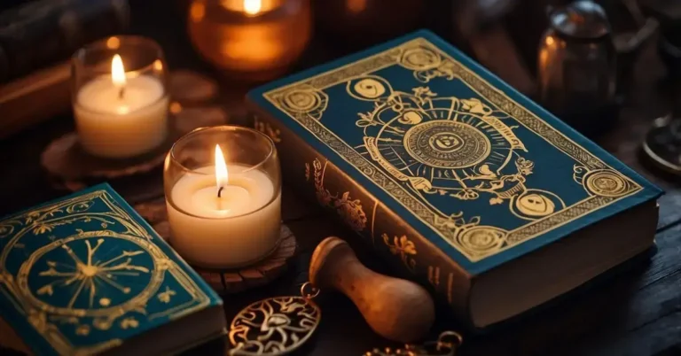 How To Read Tarot Cards: A Friendly Beginner's Guide 2024 4 How To Read Tarot Cards: A table set with a deck of tarot cards, a guidebook, and a journal. A candle flickers in the background, casting a soft glow on the tools