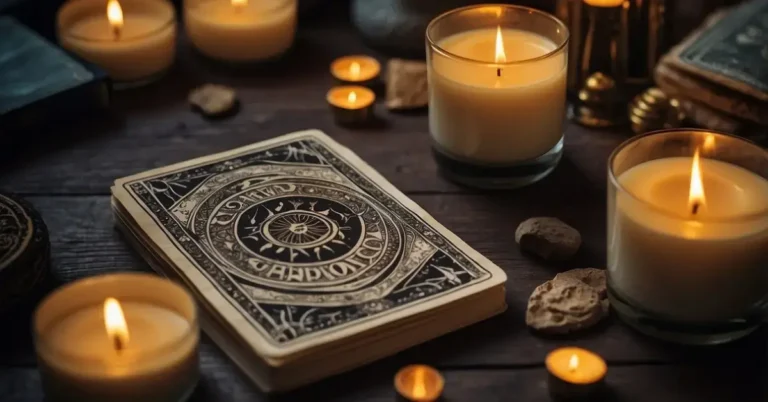 How To Use Tarot Cards: A Friendly Guide For Beginners 2024 7 How To Use Tarot Cards: A table with a deck of tarot cards spread out, a guidebook, and a candle burning in the background