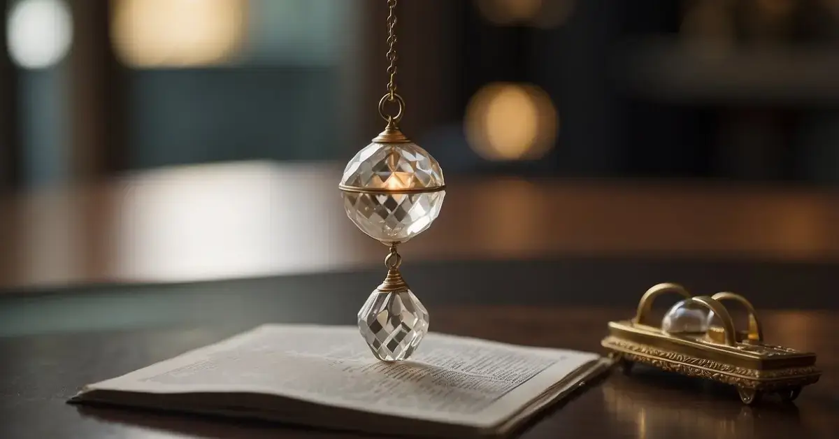 How To Use A Pendulum: Easy Steps for Beginners 2024 1 How To Use A Pendulum: A pendulum swings over a table with a mat, crystal, and guidebook. A person's hand holds the pendulum, following the instructions