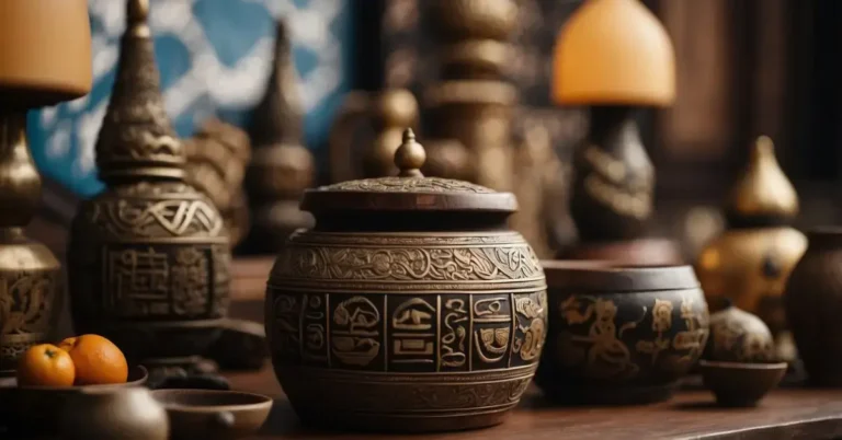 Korean Shamanism: Unlocking Ancient Spiritual Wisdom 2024 8 Korean Shamanism: A table adorned with shamanistic symbols and tools, including drums, bells, and ritualistic objects, set against a backdrop of traditional Korean patterns and designs