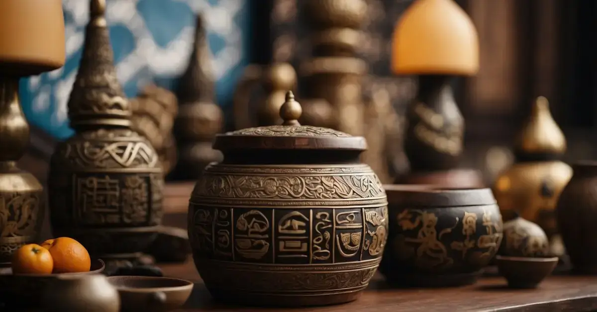Korean Shamanism: Unlocking Ancient Spiritual Wisdom 2024 1 Korean Shamanism: A table adorned with shamanistic symbols and tools, including drums, bells, and ritualistic objects, set against a backdrop of traditional Korean patterns and designs