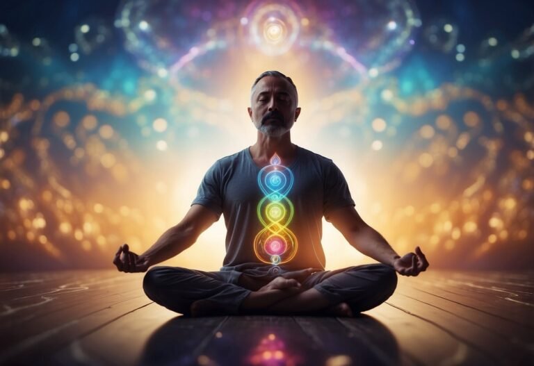 Kundalini Awakening Stages: Guide To Enlightenment 2024 3 Kundalini Awakening Stages: A serene figure meditates in a lotus position, surrounded by swirling energy and vibrant colors, symbolizing the stages of kundalini awakening
