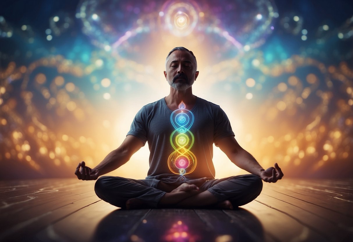 Kundalini Awakening Stages: Guide To Enlightenment 2024 1 Kundalini Awakening Stages: A serene figure meditates in a lotus position, surrounded by swirling energy and vibrant colors, symbolizing the stages of kundalini awakening