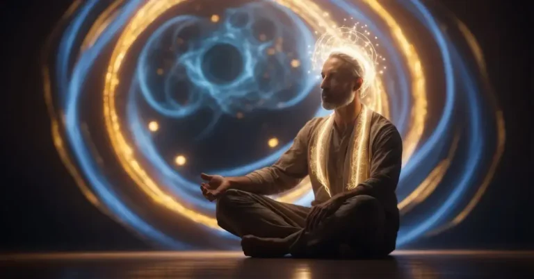 Kundalini Energy: Unlocking Your Inner Potential 2024 2 Kundalini Energy: A serene figure sits cross-legged, surrounded by swirling energy. A radiant light emanates from their center, symbolizing the awakening of kundalini energy