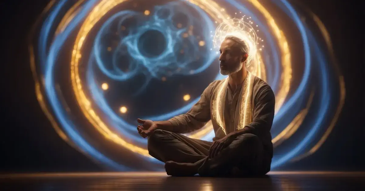Kundalini Energy: Unlocking Your Inner Potential 2024 1 Kundalini Energy: A serene figure sits cross-legged, surrounded by swirling energy. A radiant light emanates from their center, symbolizing the awakening of kundalini energy