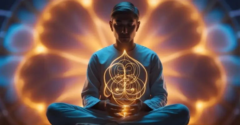 Kundalini Meaning: Unveiling Spiritual Awakening 2024 6 Kundalini Meaning: A serene figure sits cross-legged, surrounded by vibrant energy spiraling upwards from the base of the spine, symbolizing kundalini awakening