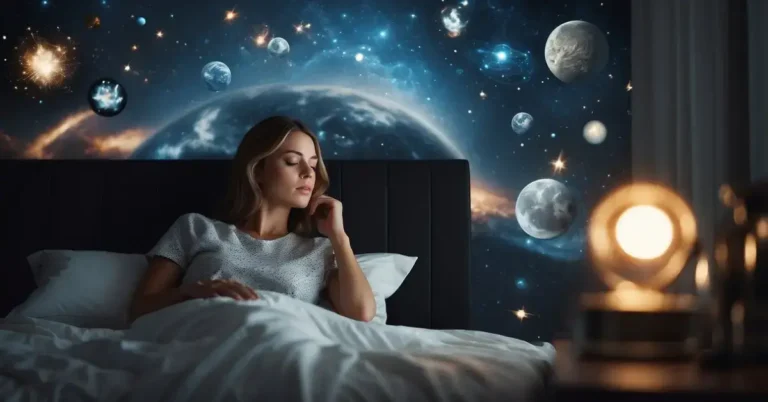 Lucid Dreaming Techniques: Unlock Your Dream World 2024 8 Lucid Dreaming Techniques: A person lying in bed with eyes closed, surrounded by surreal dream imagery and a sense of control and awareness