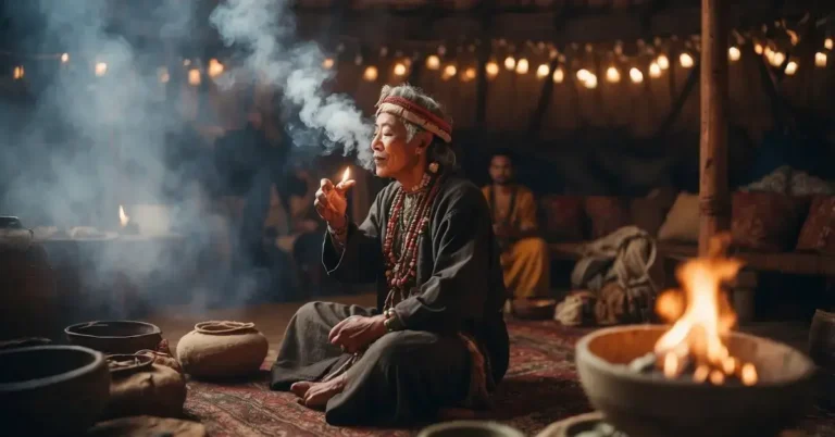 Mongolian Shamanism: Ancient Practices In Modern Times 2024 6 Mongolian Shamanism: A shaman conducts a ritual, surrounded by offerings and sacred objects in a yurt. Smoke rises from burning herbs as the shaman chants and drums