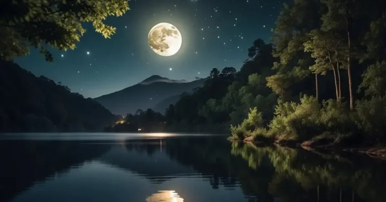 Moon Water Benefits: Magical Uses and Healing Properties 2024 6 Moon Water Benefits: A serene night scene with a full moon reflecting on calm water, surrounded by lush greenery and twinkling stars above