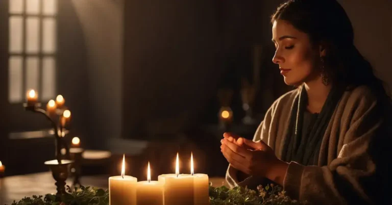 New Moon Ritual: Welcoming Fresh Beginnings 2024 1 New Moon Ritual: Candles flicker in a dimly lit room, casting a warm glow on crystals, herbs, and a small altar. A figure stands before it, eyes closed, hands raised in silent prayer