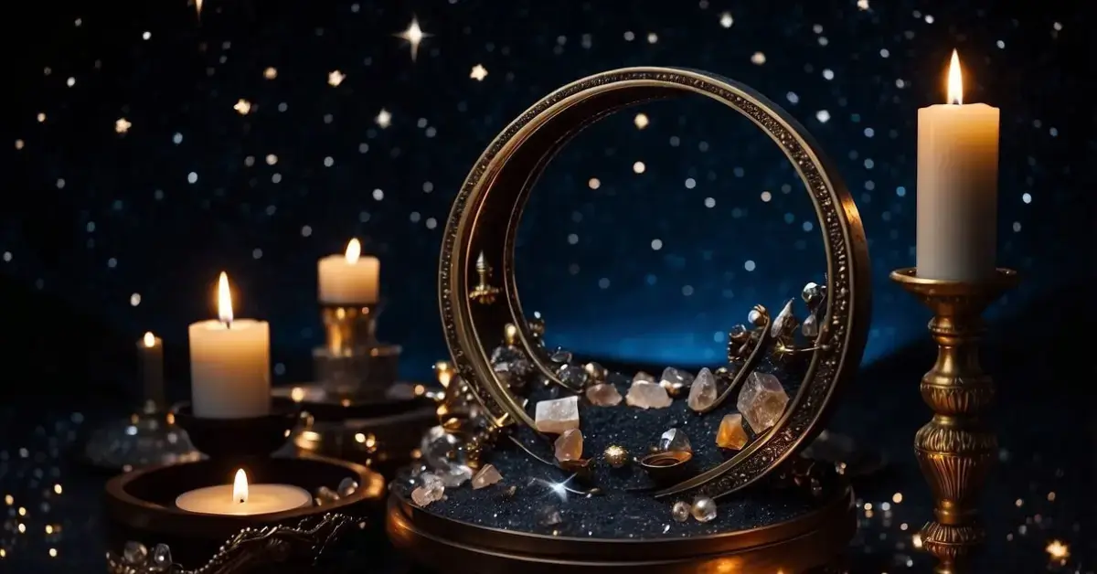 New Moon Ritual For Manifestation: Unlock Your Goals 2024 1 New Moon Ritual For Manifestation: A dark night sky with a sliver of a new moon, surrounded by twinkling stars. A small altar with candles, crystals, and symbolic objects for manifestation