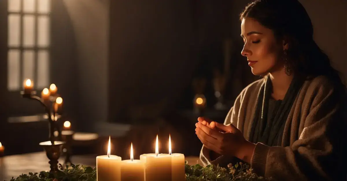 New Moon Ritual: Welcoming Fresh Beginnings 2024 1 New Moon Ritual: Candles flicker in a dimly lit room, casting a warm glow on crystals, herbs, and a small altar. A figure stands before it, eyes closed, hands raised in silent prayer
