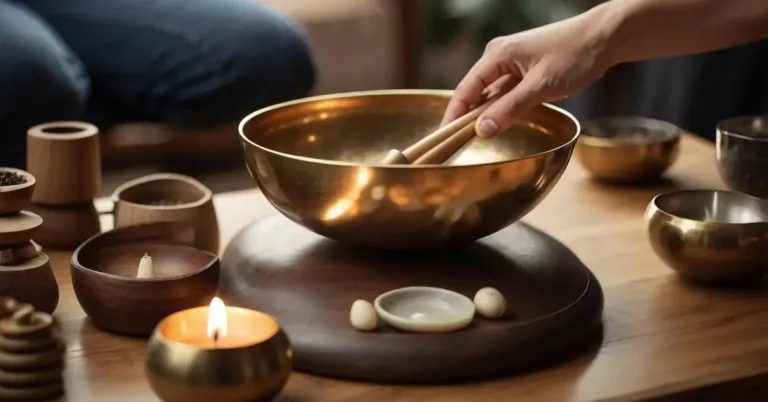 Sound Healing: Wellness Through Vibrational Therapy 2024 1 Sound Healing: A variety of sound healing instruments are arranged on a table, including singing bowls, tuning forks, and a gong. A person is using a mallet to strike one of the bowls, creating a soothing sound vibration